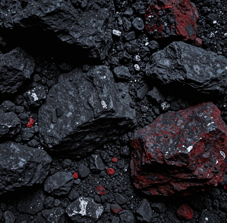 Abstract close-up of raw iron ore texture, dark slate gray and muted red tones, low-key side-lighting, high-contrast texture.