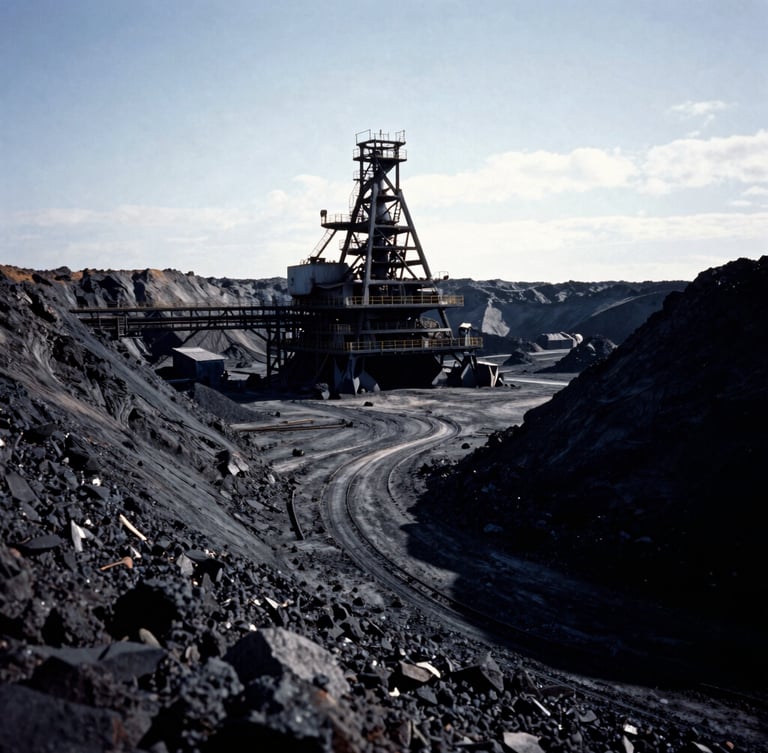 Extreme wide-angle environmental shot of an isolated heavy industrial mining site under cool overcast daylight, dramatic side-lighting, deep shadows, 35mm film.