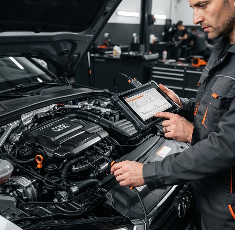 Sharp close-up of a mechanic holding a diagnostic tablet connected to a clean European engine bay, bright high-contrast workshop lighting, safety orange accents