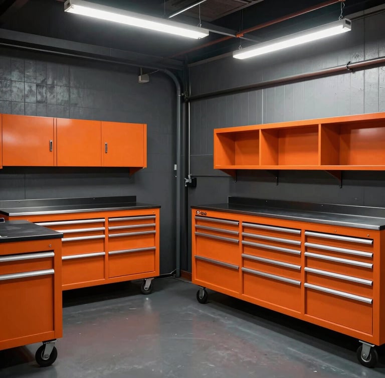 An organized, clean workshop bay in Kasarani with a vehicle hoisted, high-contrast industrial lighting, safety orange tool cabinets visible