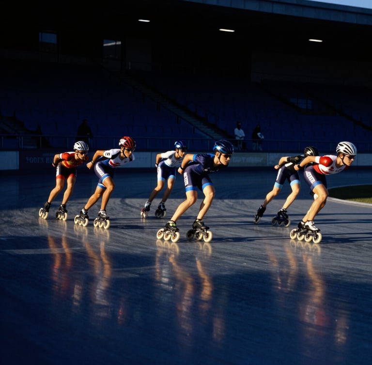 Low-angle shot of elite roller skaters in aerodynamic motion on a polished indoor track, dramatic stadium lighting reflecting off the surface, deep navy tones, sharp focus, 35mm