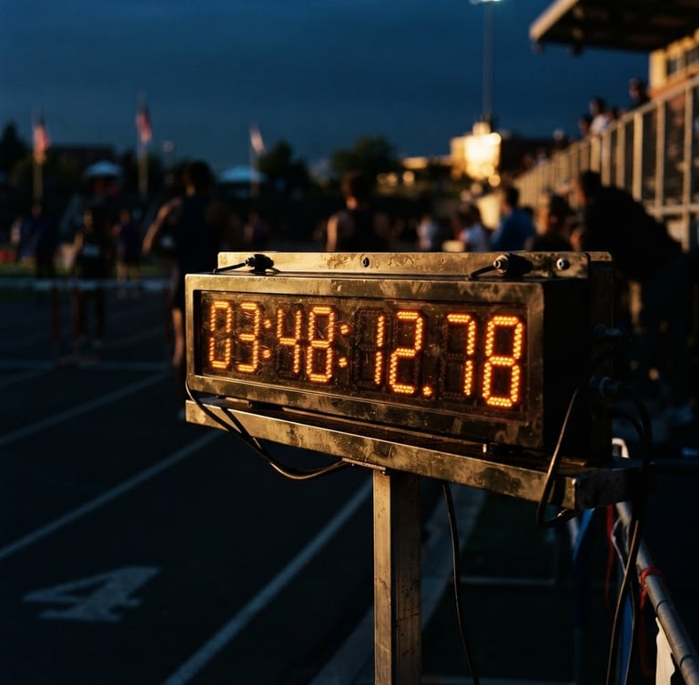 Dramatic close-up of a high-precision digital sports timing clock at the finish line of a stadium track, golden-hour rim lighting, deep navy background, sharp focus, 35mm