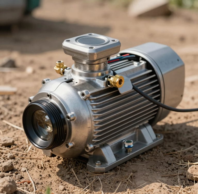 Close-up of a high-power stainless steel solar submersible pump resting on dry earth, heavy-duty wiring and brass fittings visible, bright sunlight.