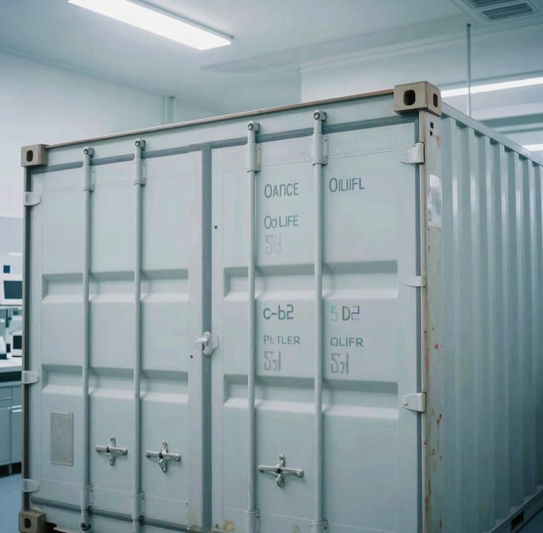 Secure shipping containers in a modern, brightly lit logistics hub, architectural framing, cool tones, 35mm.
