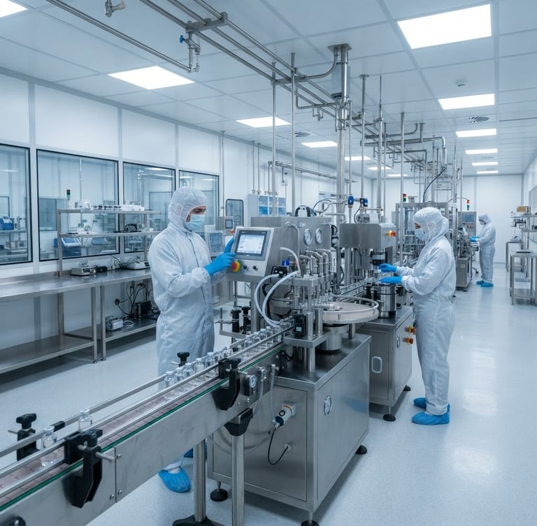 Wide-angle view of a modern pharmaceutical manufacturing facility, cleanroom environment, sterile lighting, sharp focus, 35mm.
