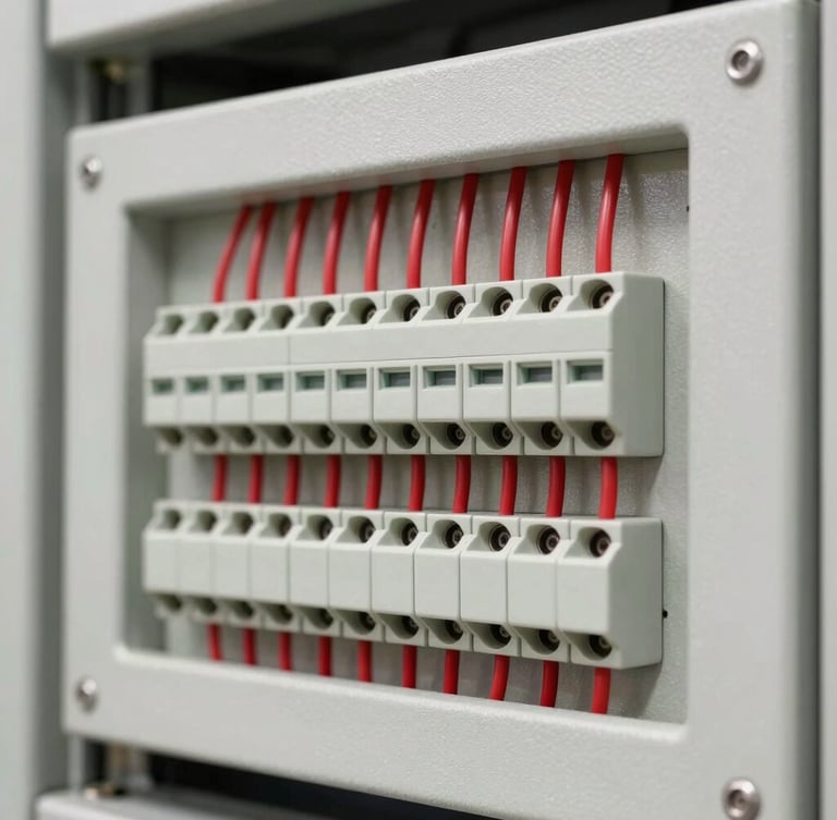 Close-up of a clean, installed fire alarm control panel with neatly routed red wiring, bright neutral daylight, sharp focus on terminal blocks.