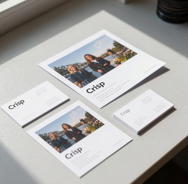 Crisp physical printed brochures and business cards laid out in a clean flat-lay on a light gray table, natural morning light, sharp focus.