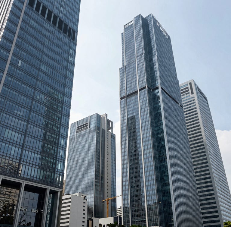 Wide-angle architectural photograph of modern Jakarta high-rises in the Sudirman Central Business District, bright daylight, clean glass facades and sharp structural lines.