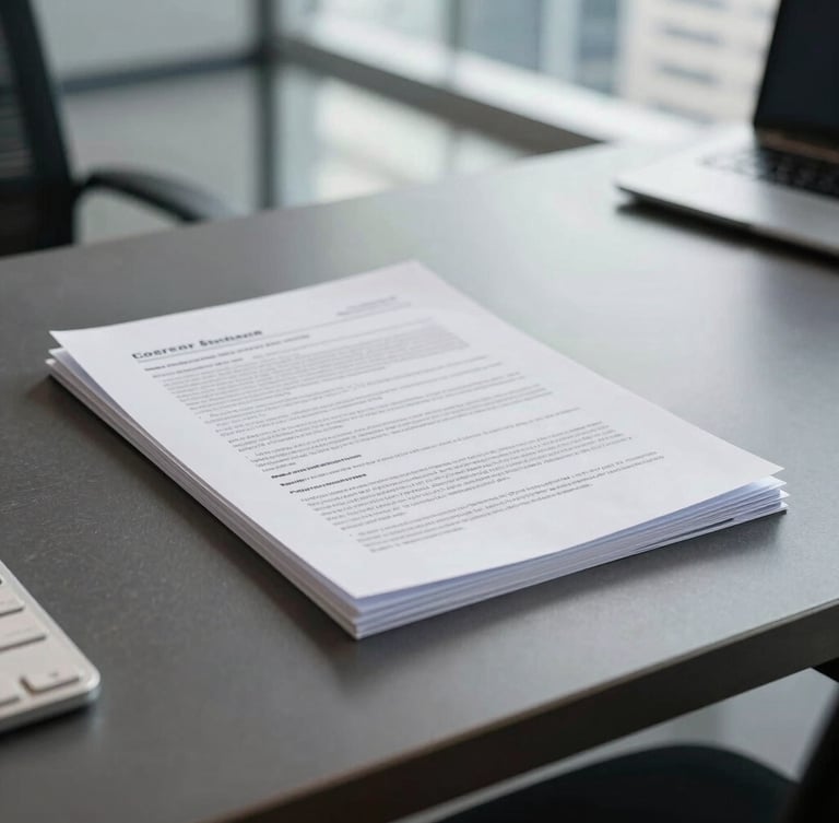 A close-up of physical financial documents on a modern slate desk in a bright, daylight-filled Jakarta office, with structured architectural lines in the background.