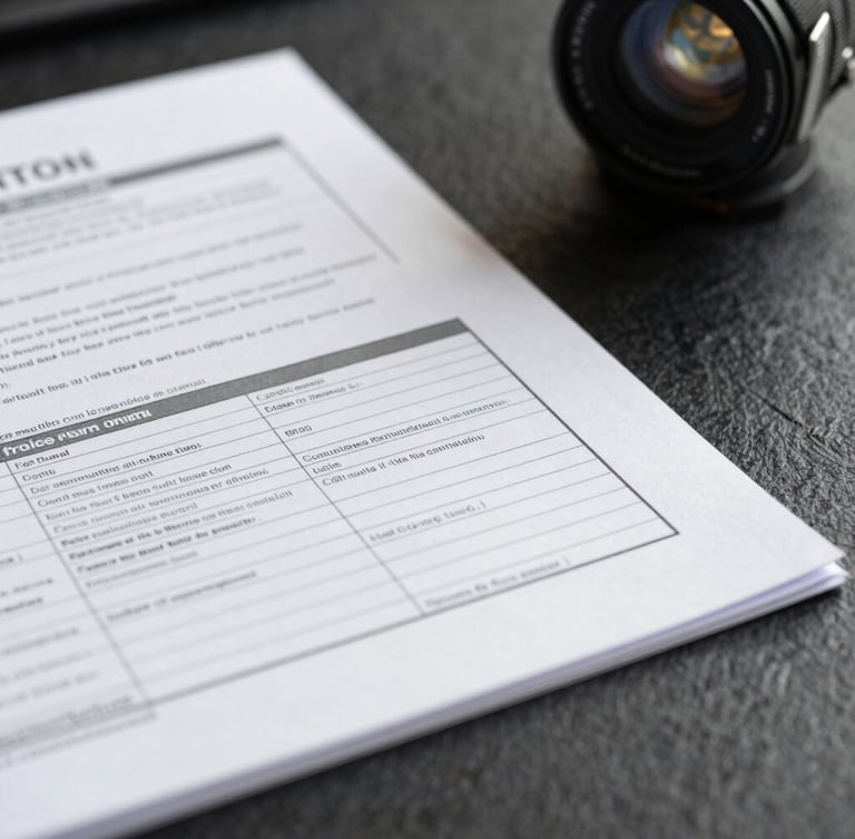 Macro close-up of physical corporate financial documents and tax regulatory filings on a dark slate desk, crisp natural side-light.