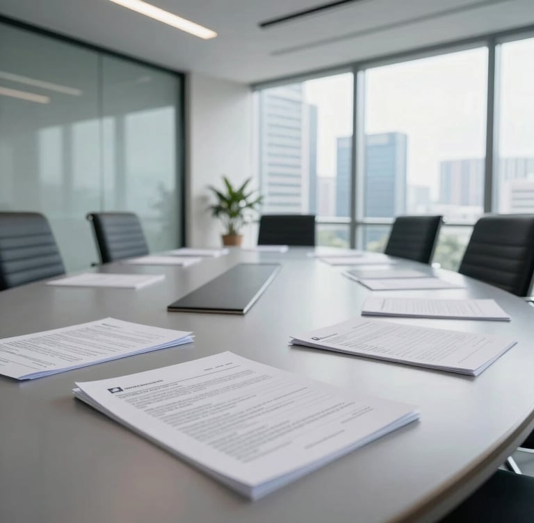 Architectural wide angle of a modern corporate boardroom in Jakarta, natural bright daylight, clean slate gray tones, physical financial documents on a polished table.