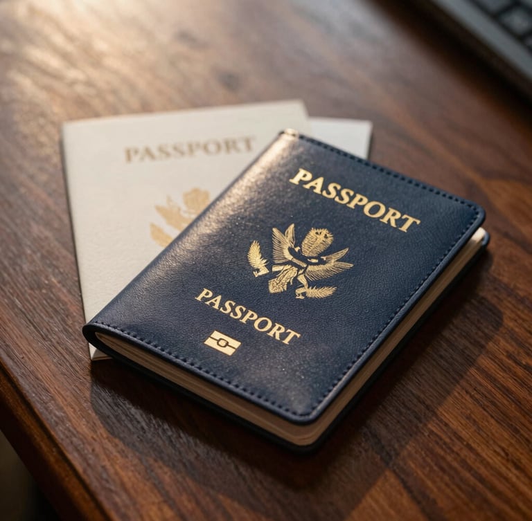 Close-up of a premium leather passport holder and elegant travel documents resting on a dark walnut library table, soft golden hour light, 35mm.