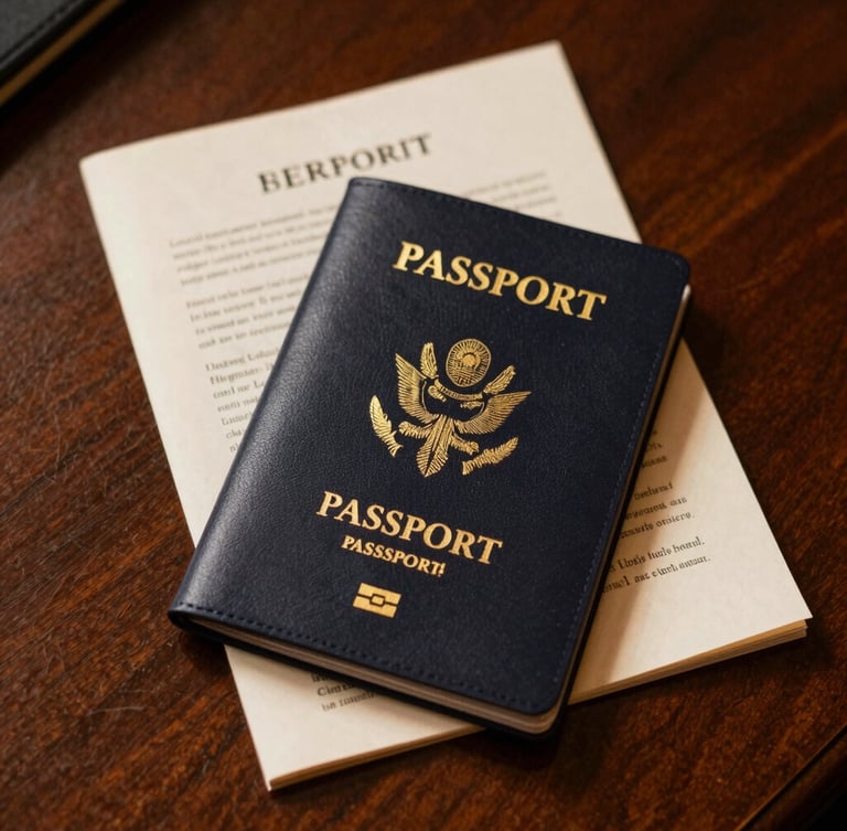 A close-up of a premium leather passport cover and elegant travel documents resting on a dark mahogany desk under warm, focused library lighting, 35mm.