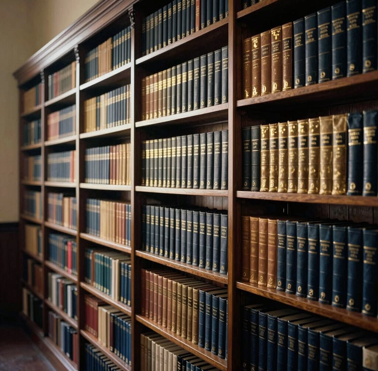 A wide environmental shot of a prestigious university library, soft authoritative lighting, leather-bound books, high contrast, 35mm