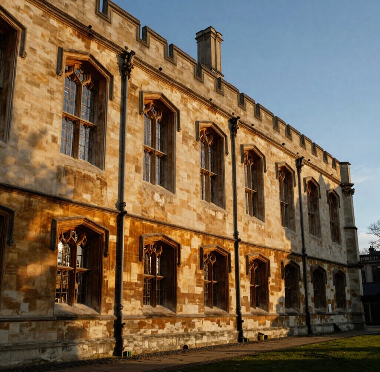 Wide environmental shot of a historic gothic university campus library with warm golden hour light streaming through tall arched windows, 35mm