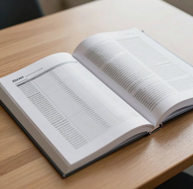 Portrait macro shot of an open academic journal on a clean wooden desk, sharp focus on structured tables and text formatting, bright library daylight, neutral tones