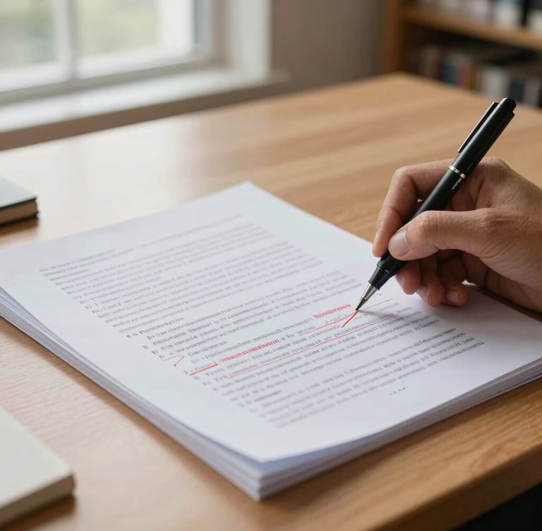 Close-up of a printed academic manuscript with precise red-pen editorial markups on a clean wooden desk, bright library window light.