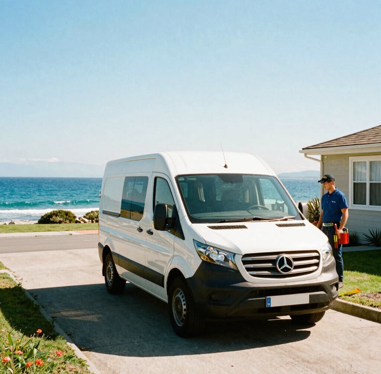 A clean service van parked in a coastal driveway under bright natural sunlight, with a technician carrying tools toward a house