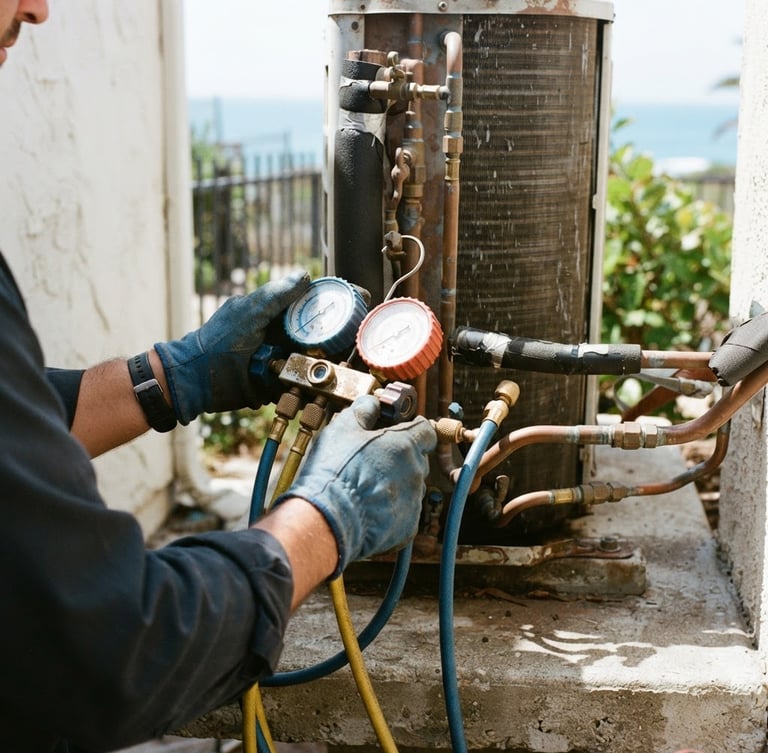 A close-up of a technician's hands in bright coastal daylight using manifold gauges on an outdoor copper pipe condenser unit, sharp focus, 35mm