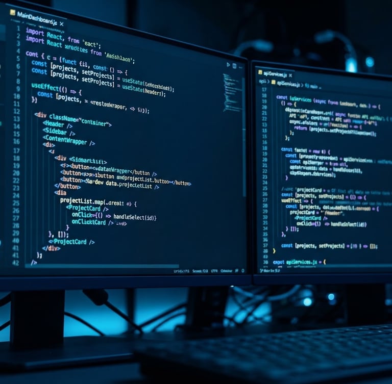 Macro close-up of clean React code on a dual monitor setup, neon electric blue and cyan accent glows, shallow depth of field, 35mm