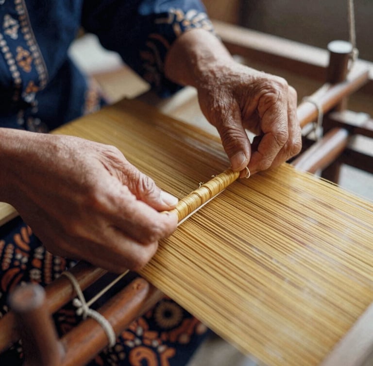 Close-up of an artisan's hands weaving golden songket threads on a traditional wooden loom, warm side-lighting, shallow depth of field, 35mm film texture
