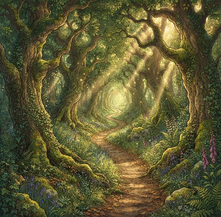 Vertical storybook illustration of a sun-dappled forest path winding between ancient mossy oak trees, warm golden sunlight filtering through a dense green canopy, magical atmosphere, deep perspective.