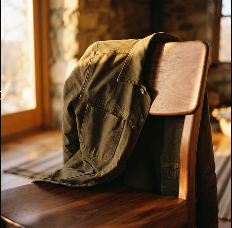 Warm sunlit close-up of a heavy organic cotton jacket draped over a solid walnut chair, golden-hour sunlight casting long soft shadows