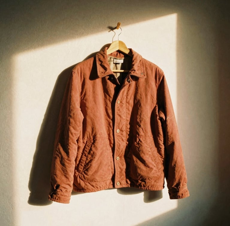 A well-worn terracotta cotton jacket hanging on a wooden peg in a sunlit room, soft golden light casting long shadows on a plaster wall, 35mm film look
