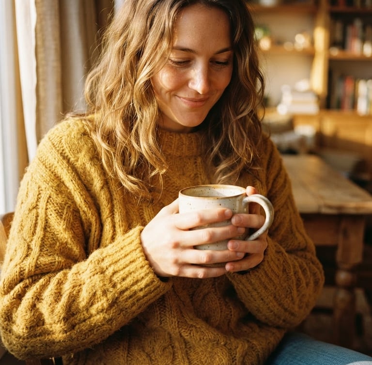 Close-up of a person wearing a heavy marigold knit sweater, holding a ceramic mug in warm golden-hour sunlight, soft shadows, 35mm film look