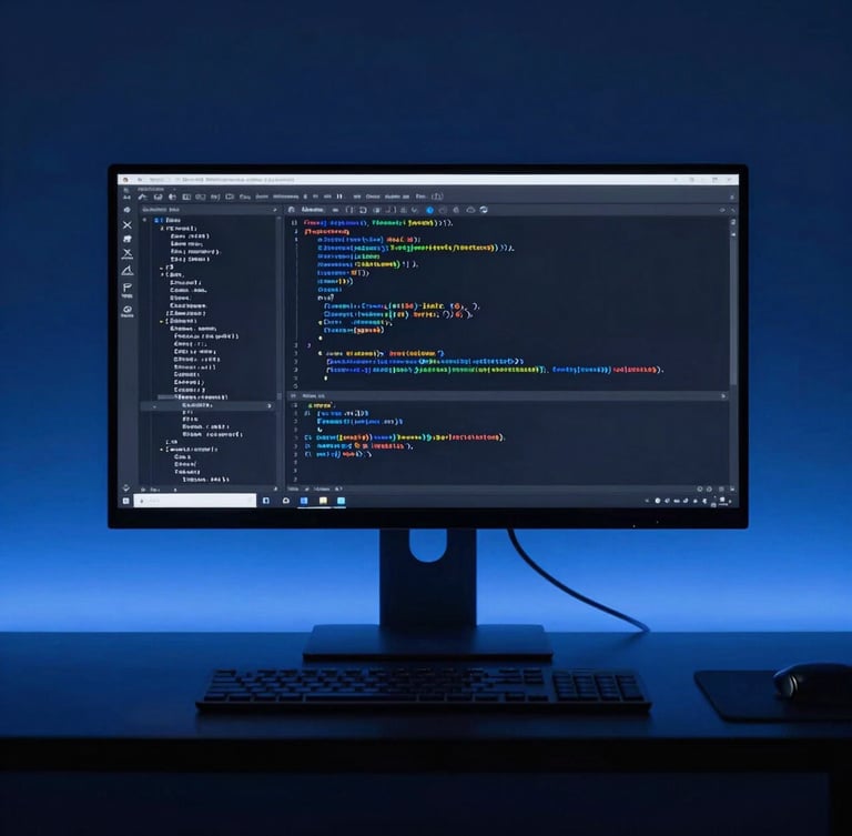 Minimalist clean developer workspace with a single monitor displaying code, cool neon blue backlighting, dark slate tones, high contrast, macro lens.