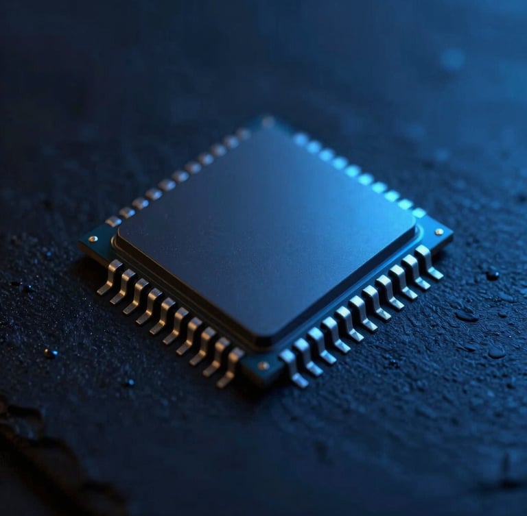 Macro close-up of a modern silicon microchip, cool neon cybernetic lighting, dark slate and electric blue tones, high contrast, minimalist digital photography.
