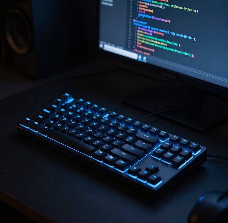 Close-up of a clean, minimalist developer workspace at night, single mechanical keyboard glowing with soft blue backlight, code visible on a vertical monitor in the background, high contrast dark aesthetic.