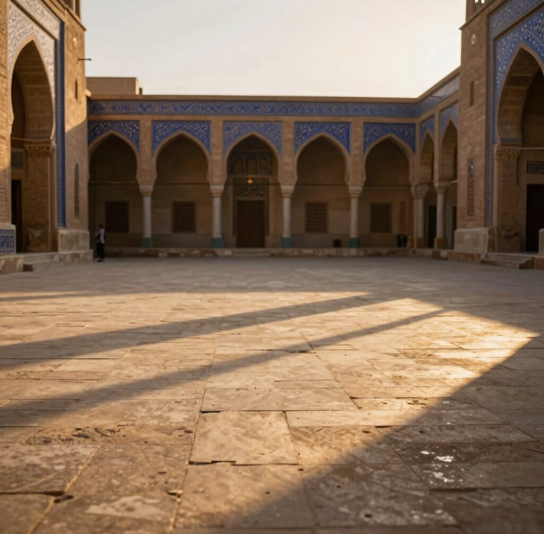 A quiet, sun-drenched courtyard of an historic Cairo mosque, shadows stretching across warm stone tiles, soft golden hour light, editorial framing.