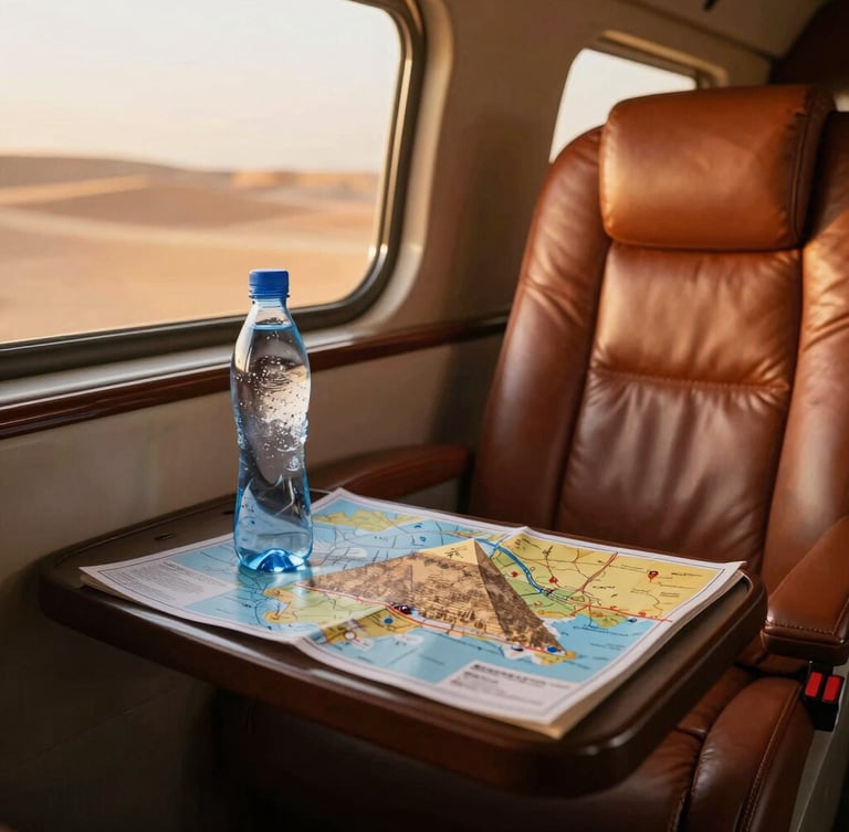 A close-up of a luxury leather seat inside a private transport vehicle, golden hour light filtering through the window, showing a bottle of cold water and a curated map of Cairo on the side table, warm and inviting atmosphere.