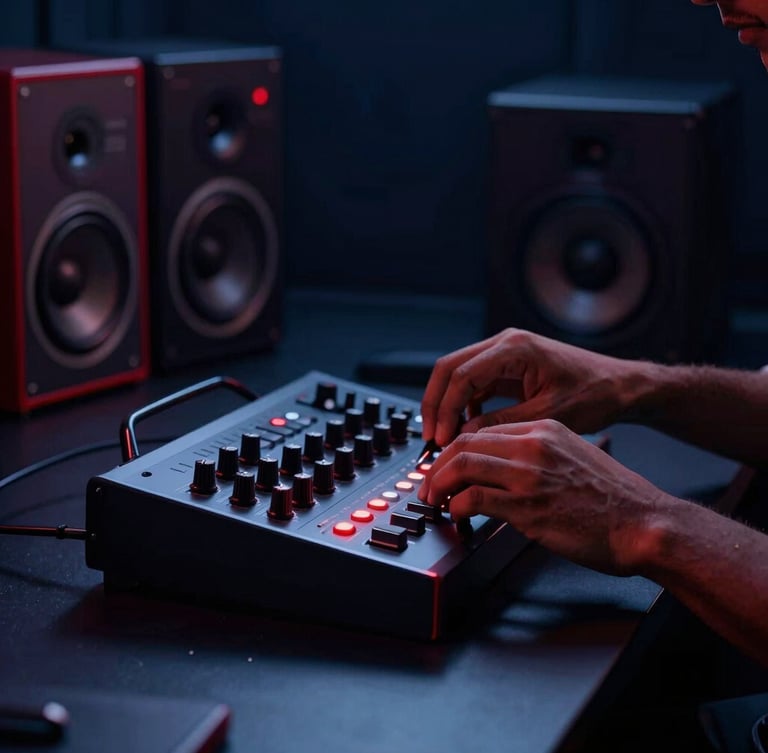 Atmospheric shot of a modern Indian creator's hands adjusting a sleek audio interface, deep navy shadows, sharp crimson-red accents, cinematic lighting