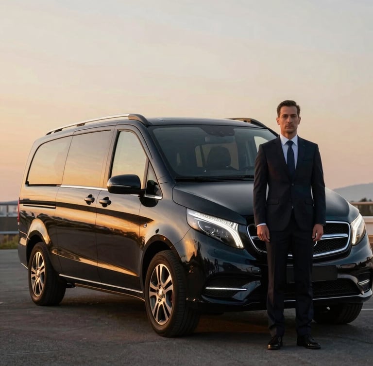 Medium shot of a pristine dark Mercedes V-Class executive van parked at golden hour, elegant reflections on the polished body, professional chauffeur in a sharp dark suit standing ready, cinematic editorial photography, 35mm lens.