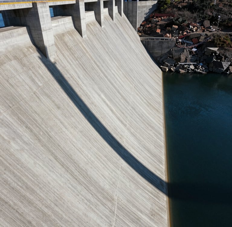 Vista aérea de una presa de hormigón masiva bajo la luz solar intensa del mediodía, sombras geométricas marcadas, agua azul profundo a un lado, textura rugosa del cemento.