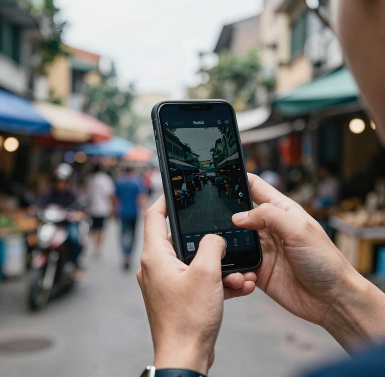 Close-up of a traveler's hands holding a compact digital guide on a phone screen against a blurred backdrop of a bustling street market in Hanoi, overcast daylight
