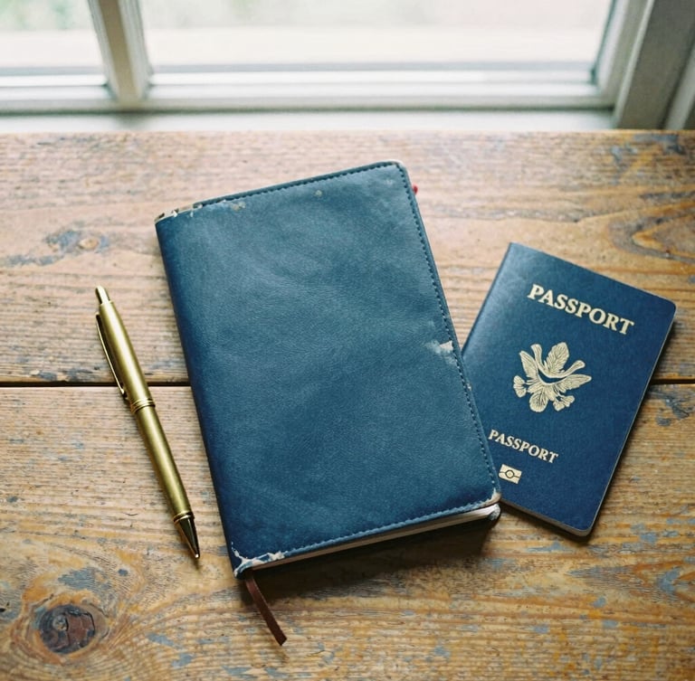 Overhead flat-lay of a battered travel journal, brass pen, and passport on a weathered wooden table, soft natural window light, 35mm film style