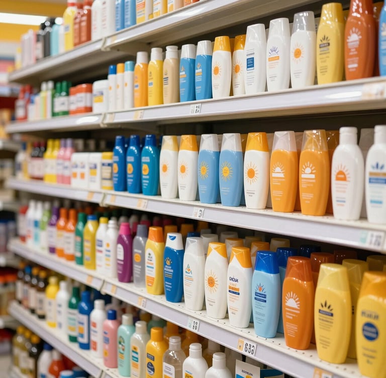 Bright commercial photography of a local Ecuadorian minimarket shelf fully stocked with sunscreens and repellents, warm sunny daylight streaming in, crisp sharp focus, 35mm lens