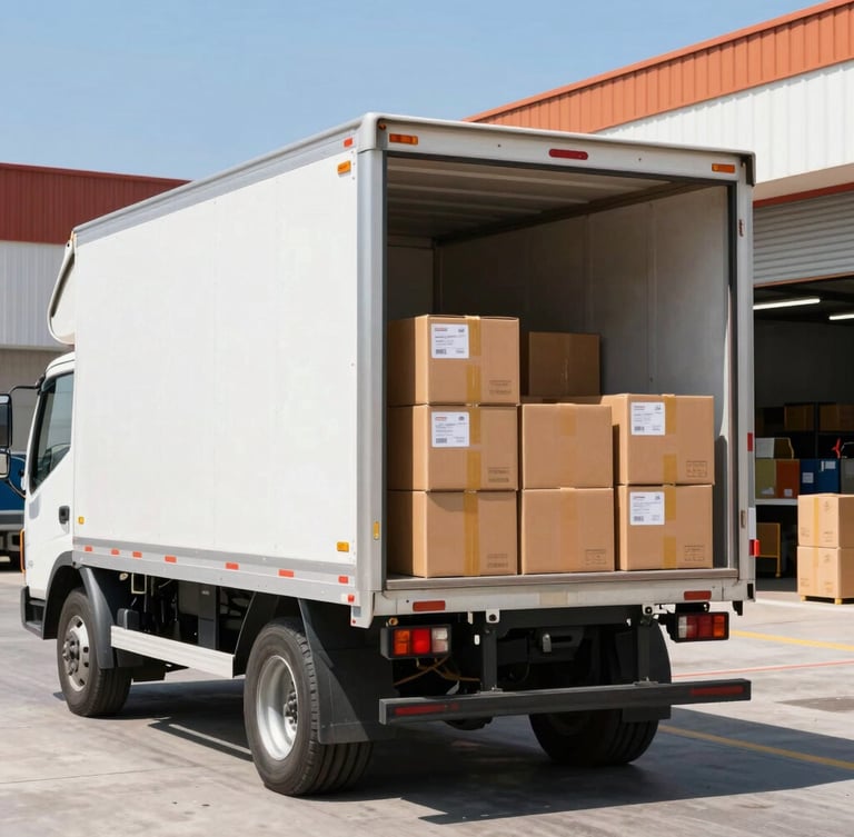 Bright commercial photography of a delivery truck being loaded with neat wholesale boxes in a clean Quito warehouse, sunny natural daylight, vibrant tones, sharp focus