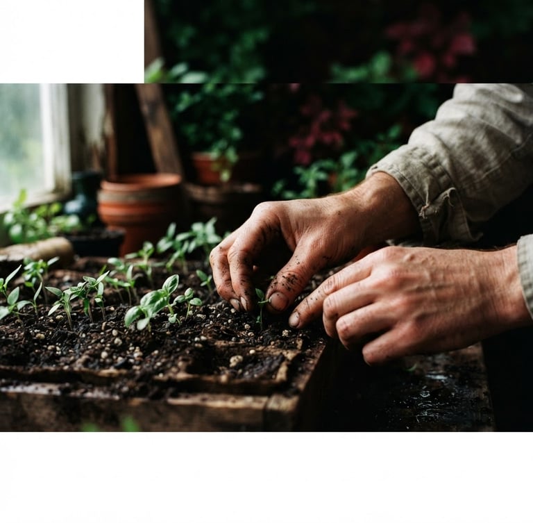 Wide panoramic image, cropped tight on soil-stained hands tending to young sprouts, natural high-contrast side-lighting, deep crimson and forest green tones, rich textures, 35mm film