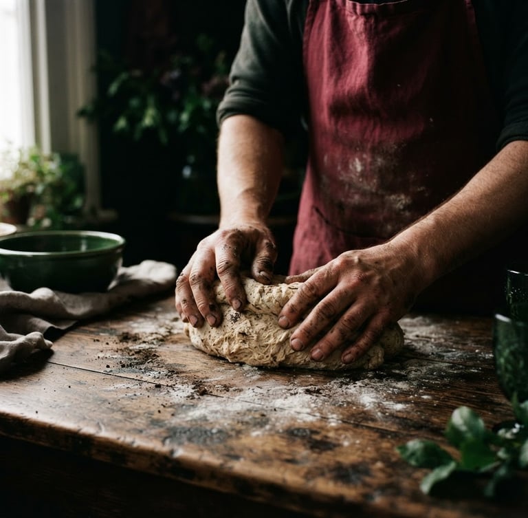 Soil-stained hands kneading sourdough on a rustic wooden table, natural high-contrast side-lighting, rich textures, 35mm film, moody editorial photography, deep crimson and forest green tones.