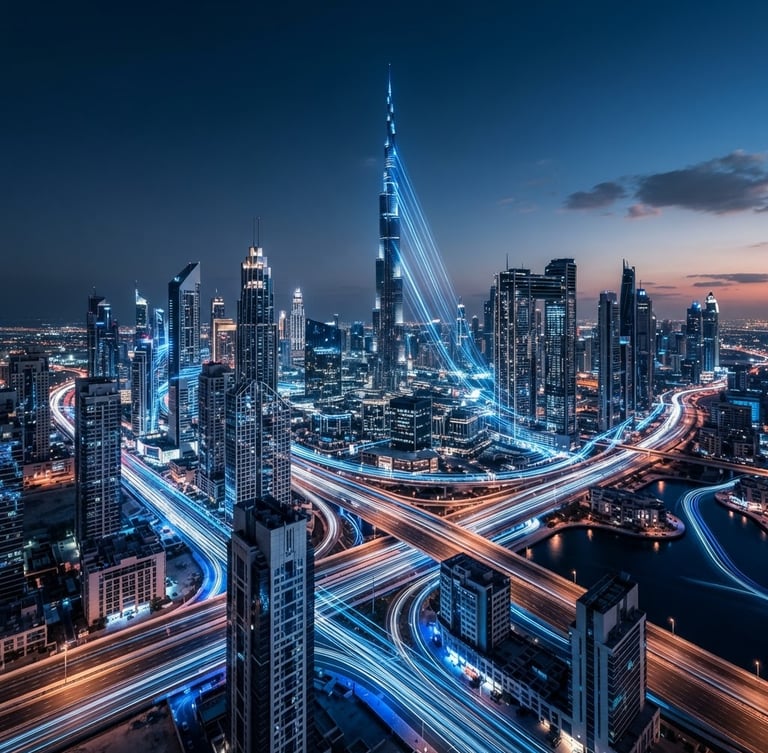 Wide panoramic shot of Dubai's modern architectural geometry at dawn, sharp blue-toned studio light, high-contrast, light trails of data flowing through buildings, conveying speed and structural growth.