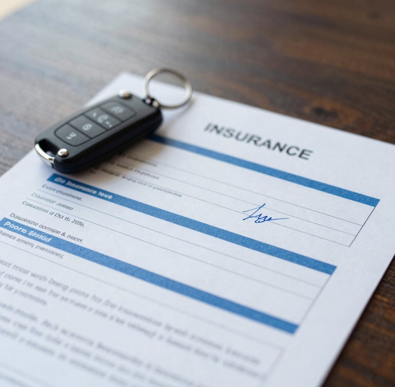Close-up of a signed insurance policy document on a dark wood desk, a set of modern car keys resting beside it, soft natural light, professional editorial style.