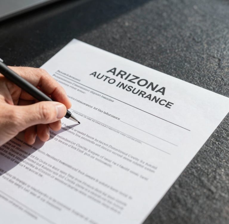 Tight macro detail of a hand signing a clear-cut Arizona auto insurance policy document on a dark slate desk, bright daylight, sharp focus