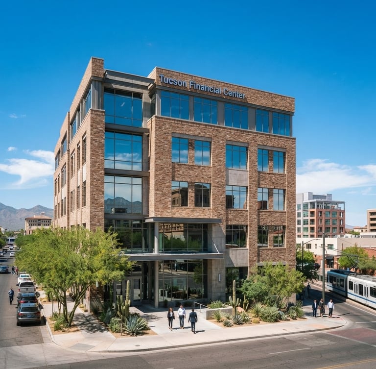 Crisp editorial photography of a modern brick-and-glass office building in downtown Tucson under bright southwestern daylight, sharp focus, 35mm