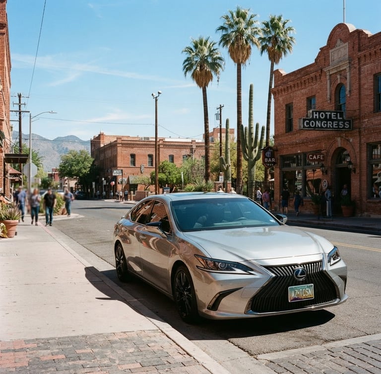A clean modern sedan parked along a downtown Tucson street with brick buildings and desert palms in bright southwestern daylight, sharp editorial focus.