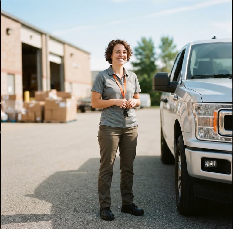 Friendly OTF Pick Up team member in uniform, smiling and ready to assist, standing next to a clean pickup truck, bright natural daylight, warm lifestyle photography, 35mm lens.