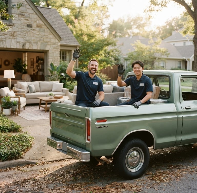Warm, natural daylight, medium shot of a clean, sage green OTF Pick Up truck with two friendly team members in uniform smiling and waving from the truck bed, a neatly arranged living room furniture set visible in the background, candid human interaction, 35mm lens.
